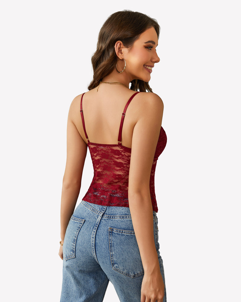 Burgundy lace camisole crop top, spaghetti straps, blue jeans. Y2k tank top. Sexy lingerie.