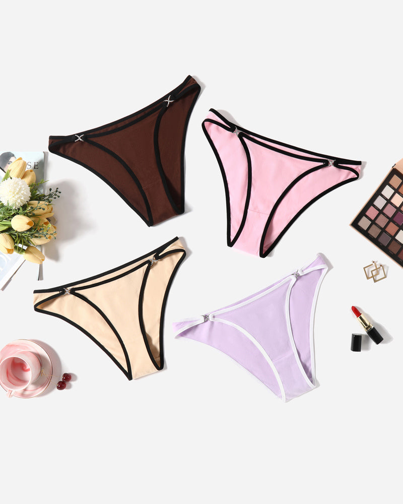 Cotton hipster panties in brown, pink, beige, and lavender with rhinestone accents, low rise design