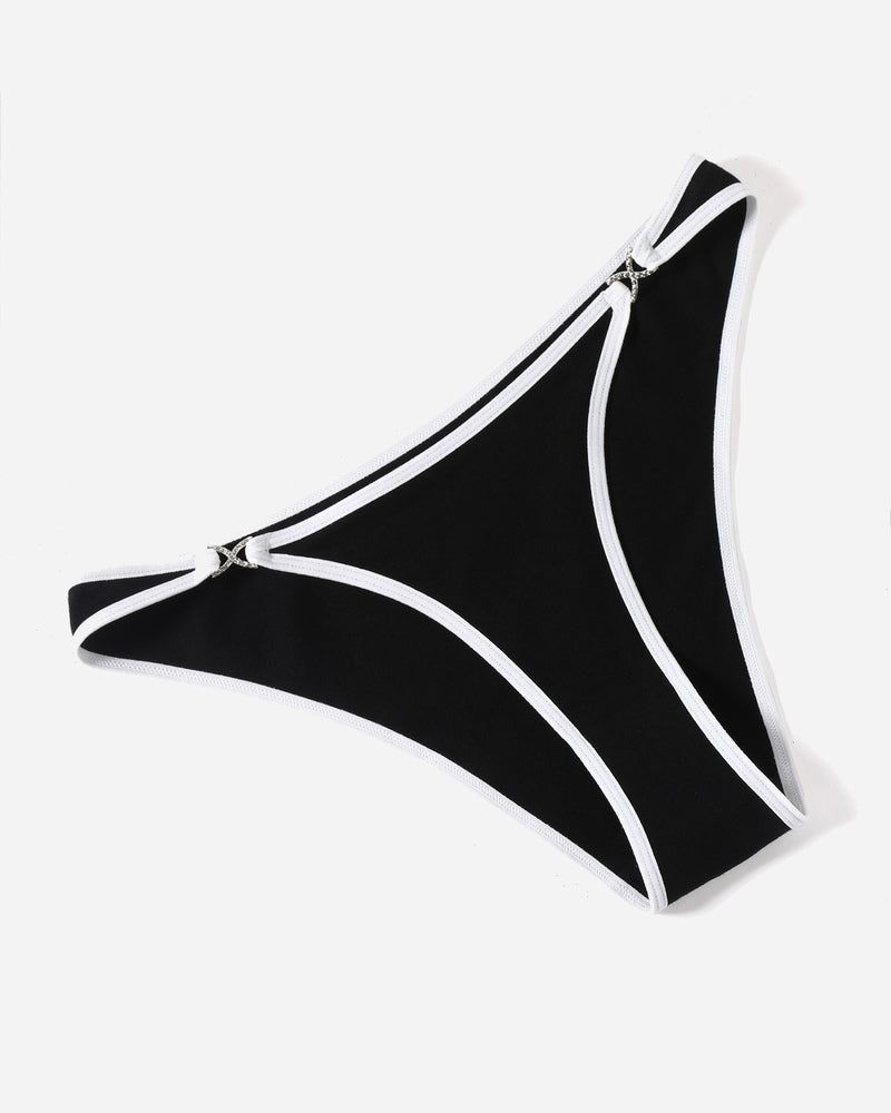 Black cotton hipster panties with white trim and rhinestone accents, low rise design