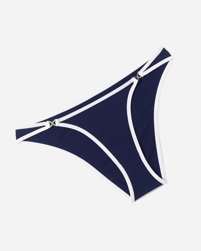 Navy blue cotton hipster panties with white trim and rhinestone accents, low rise