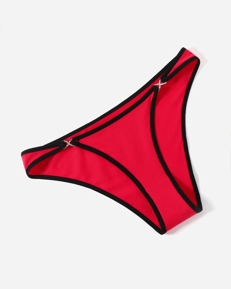 Red cotton hipster panty with black trim, rhinestone accents, low rise design, sensual lingerie.