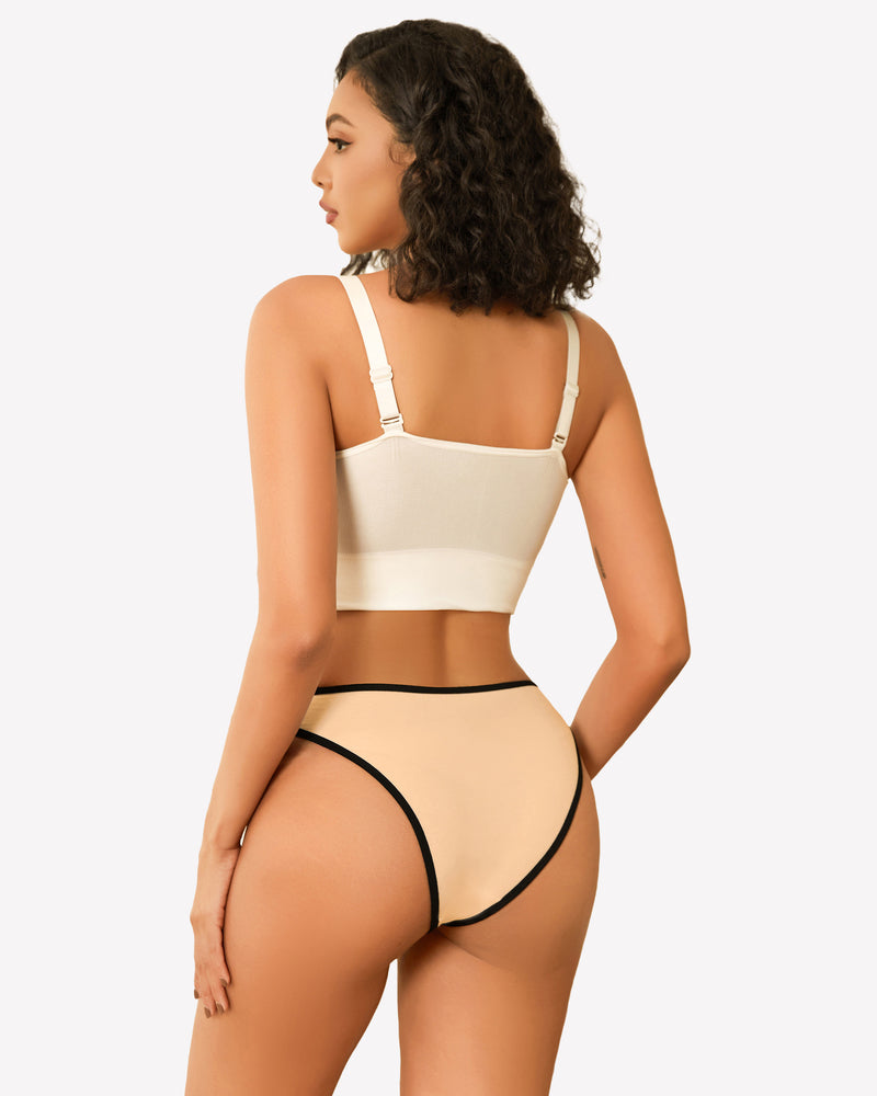 Beige hipster panty with black trim and cream crop top, low rise design, sensual lingerie.