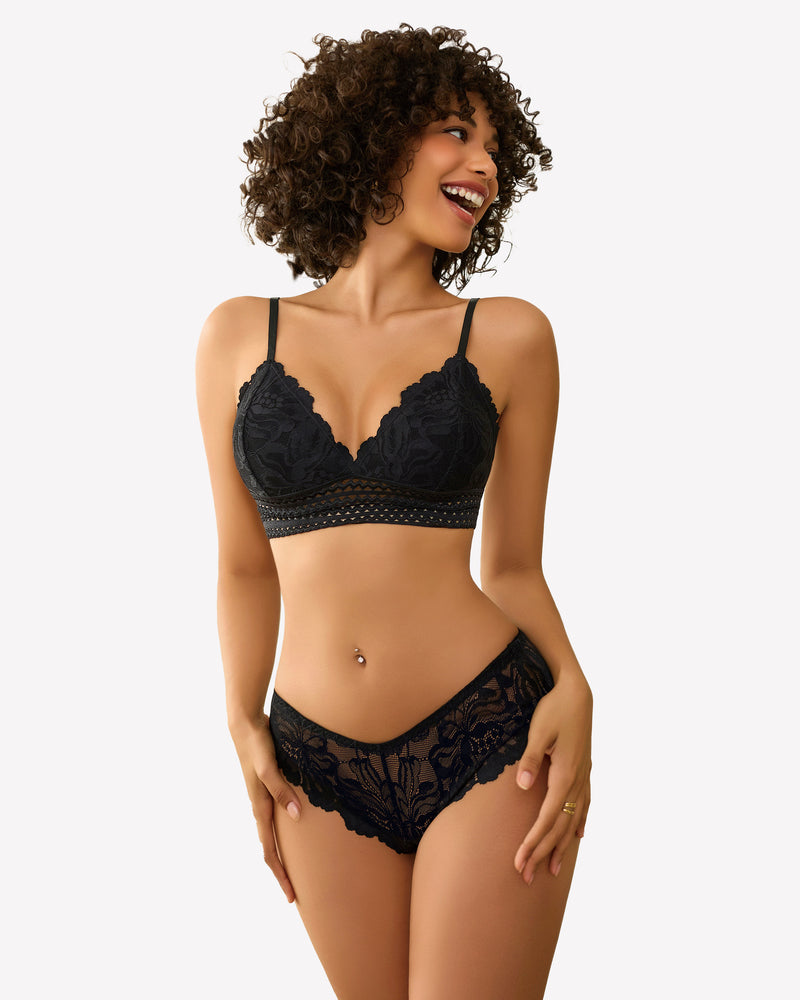 Black lace lingerie set. Floral lace bralette and panty with adjustable straps for a confident look.