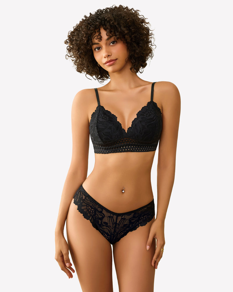 Black lace bralette and panty set with adjustable straps, floral lace lingerie for women