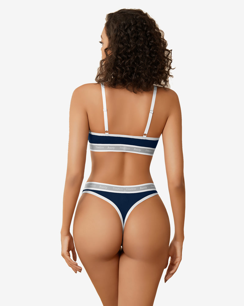 Navy blue ribbed knit contrast lingerie set, white trim, "Timeless Beauty" print, Avidlove