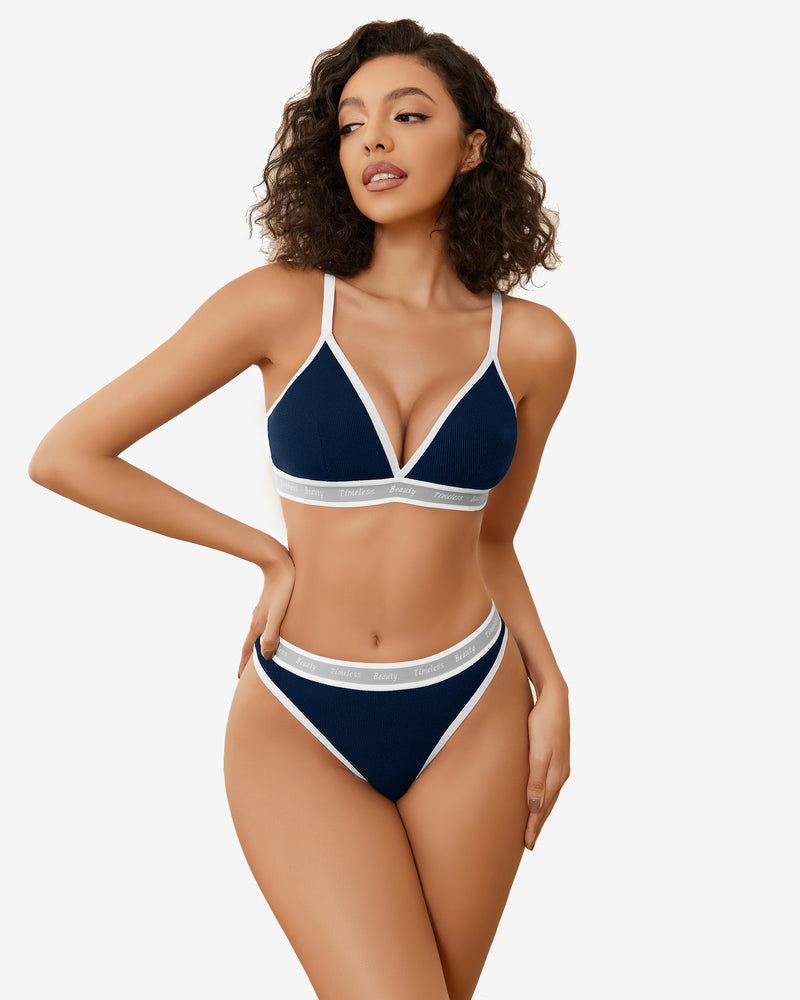 Avidlove navy blue contrast lingerie set, ribbed knit, white trim, "Timeless Beauty" print