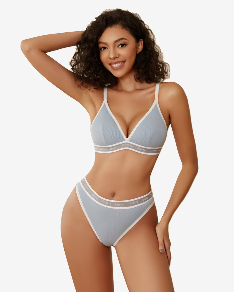 Light blue ribbed knit contrast lingerie set with white trim and "Timeless Beauty" print, Avidlove