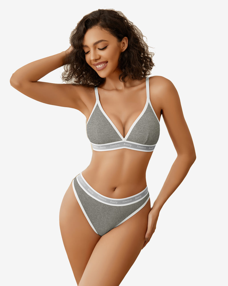 Gray ribbed knit contrast bra and panty set with white trim and "Timeless Beauty" print, Avidlove