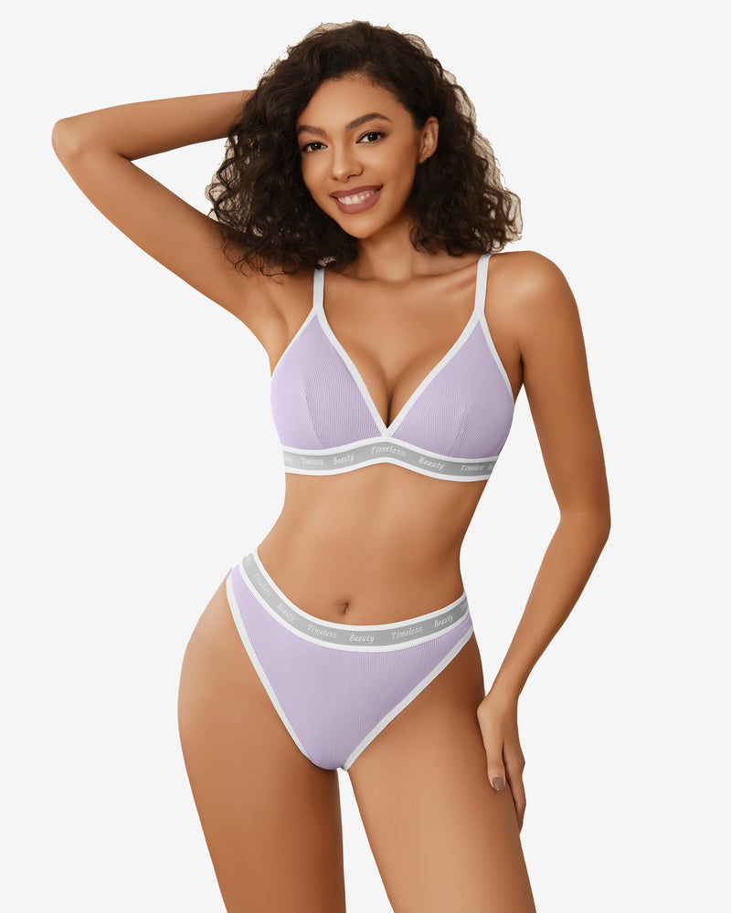 Avidlove lavender ribbed knit lingerie set with white trim and "Timeless Beauty" print