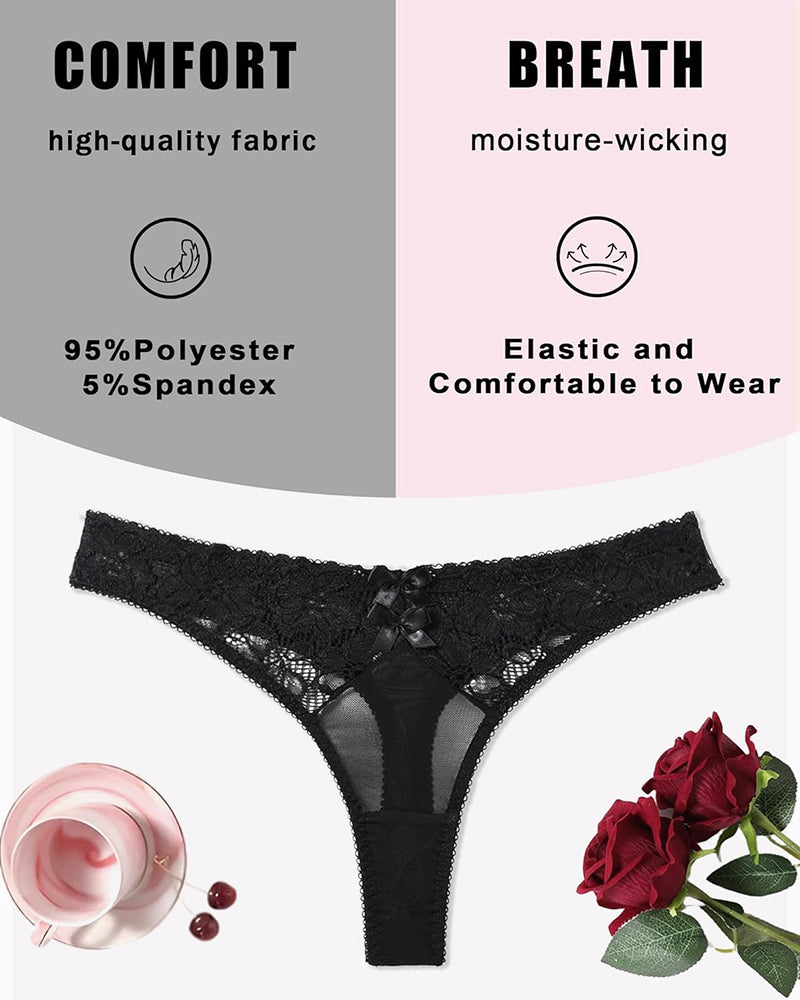 Black lace thong with bow details, comfortable and breathable, made of high-quality fabric.