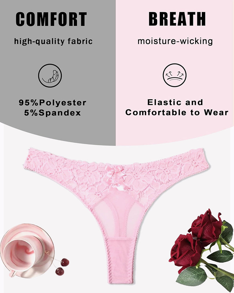 Pink lace thong low waist cheeky panties with bow detail, comfortable and breathable