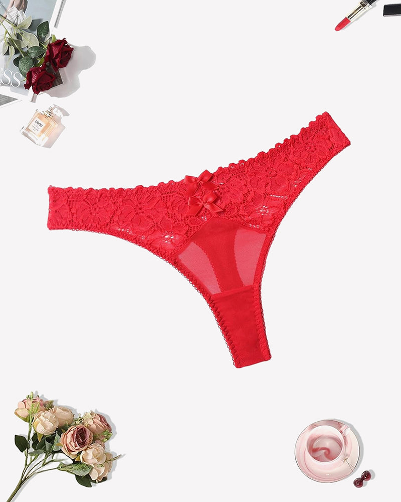 Red lace thong low waist cheeky panties with bow detail, perfect for a date or party