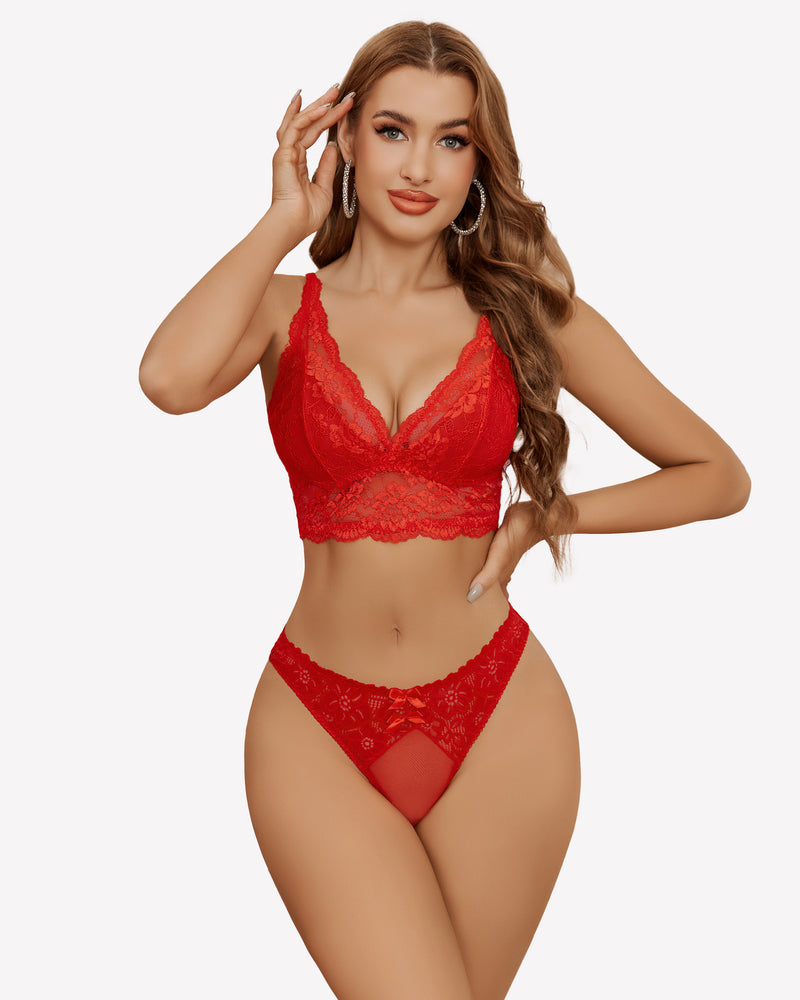 Red lace lingerie set with mesh thong panties, low waist design, elegant and confident posture.