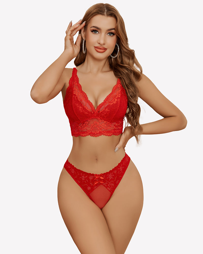 Red lace lingerie set with bralette and low-waist thong, perfect for a date or party