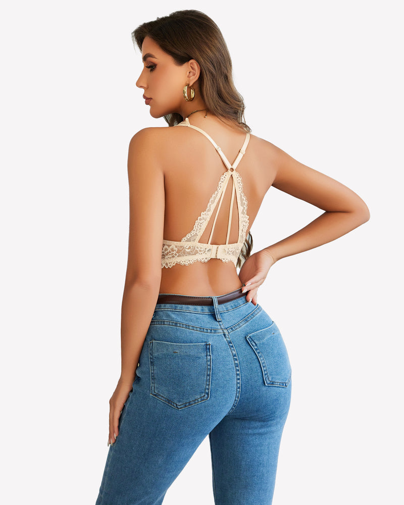Beige lace bralette with racerback design, paired with jeans. Comfortable and stylish.
