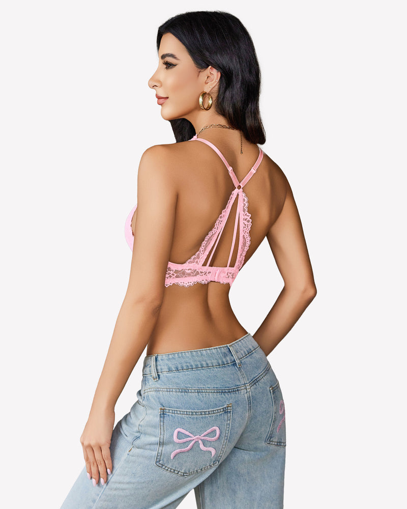 Pink lace bralette with racerback and plunging neckline, paired with jeans. Stylish wireless bra.