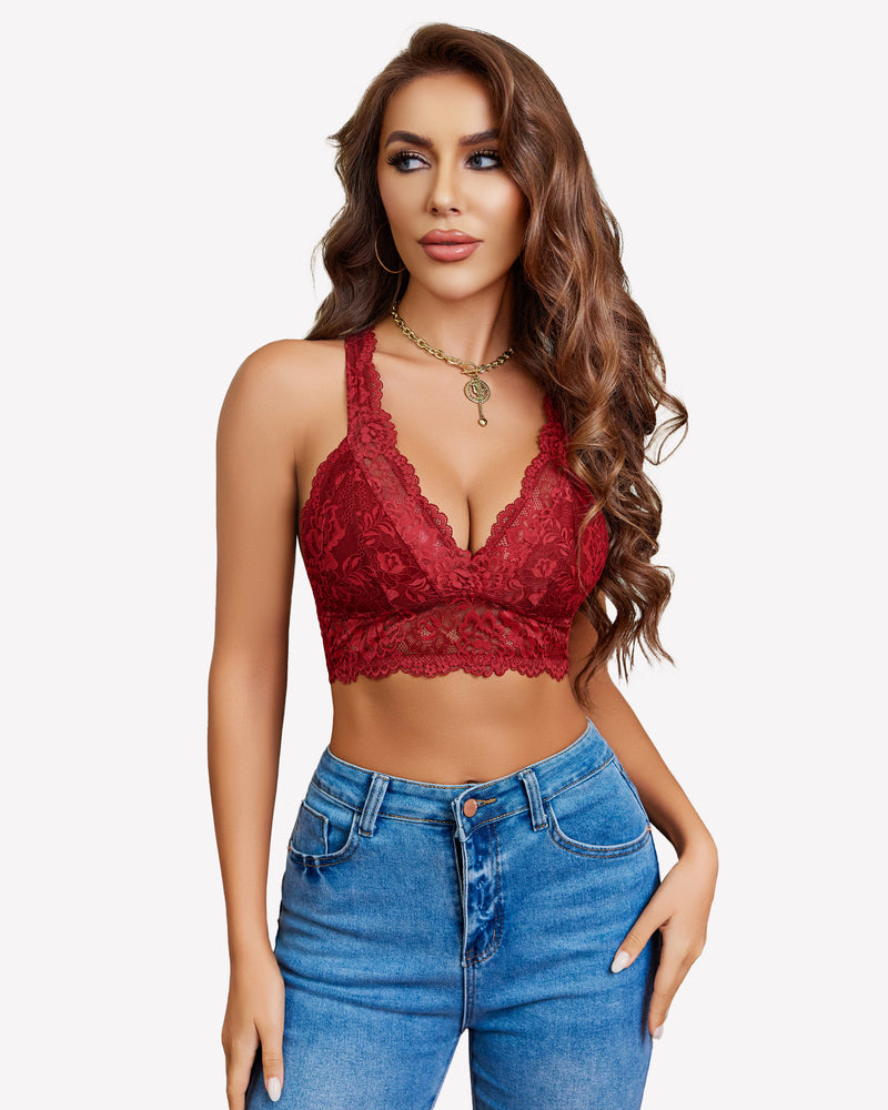 Burgundy lace bralette with plunging neckline, racerback, and jeans. Stylish wireless bra.