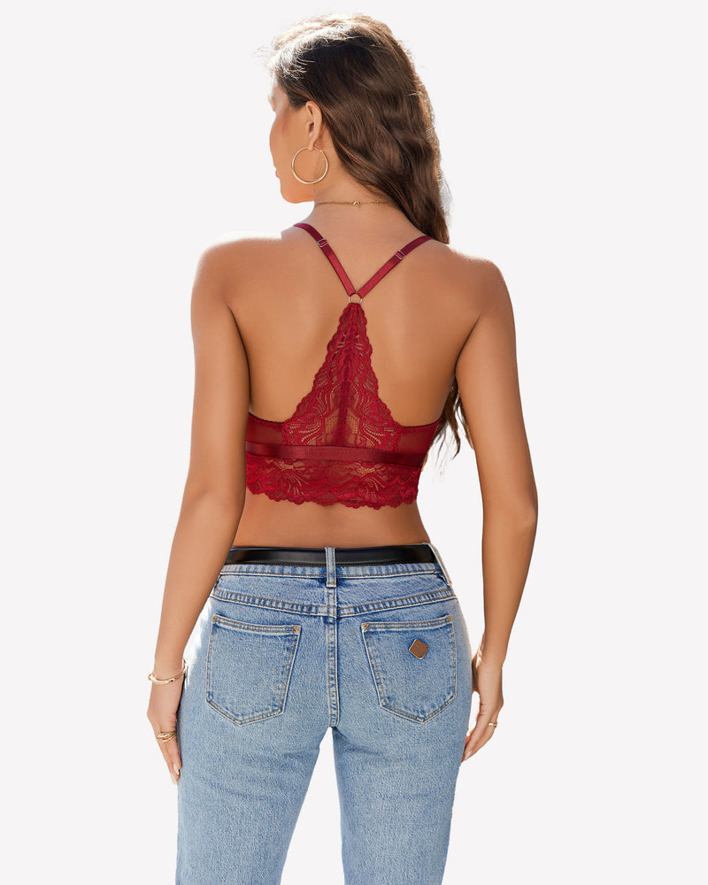 Burgundy lace racerback cami tank top with floral lace trims and blue jeans, seductive style