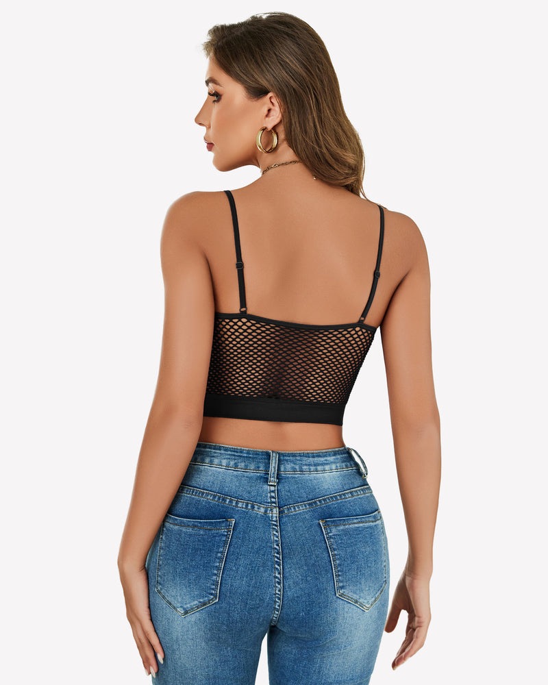 Black fishnet crop top, Y2k bralette, back view, mesh detail, showing attractive curves.