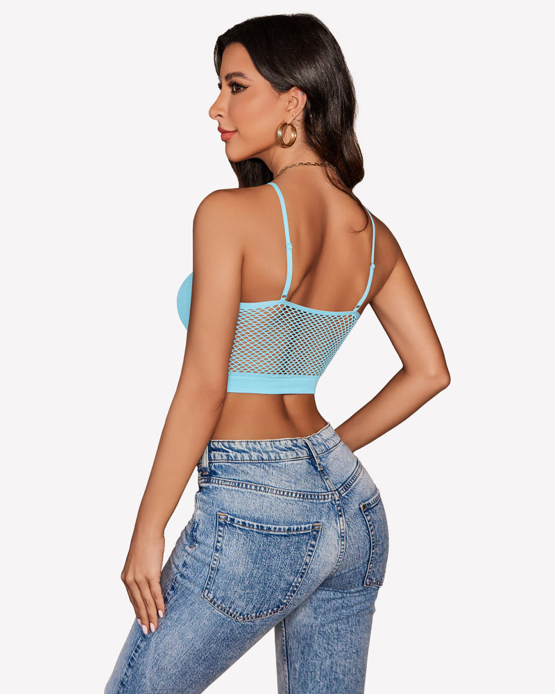 Light blue fishnet crop top Y2k bralette, mesh detail, showing attractive curves, paired with jeans