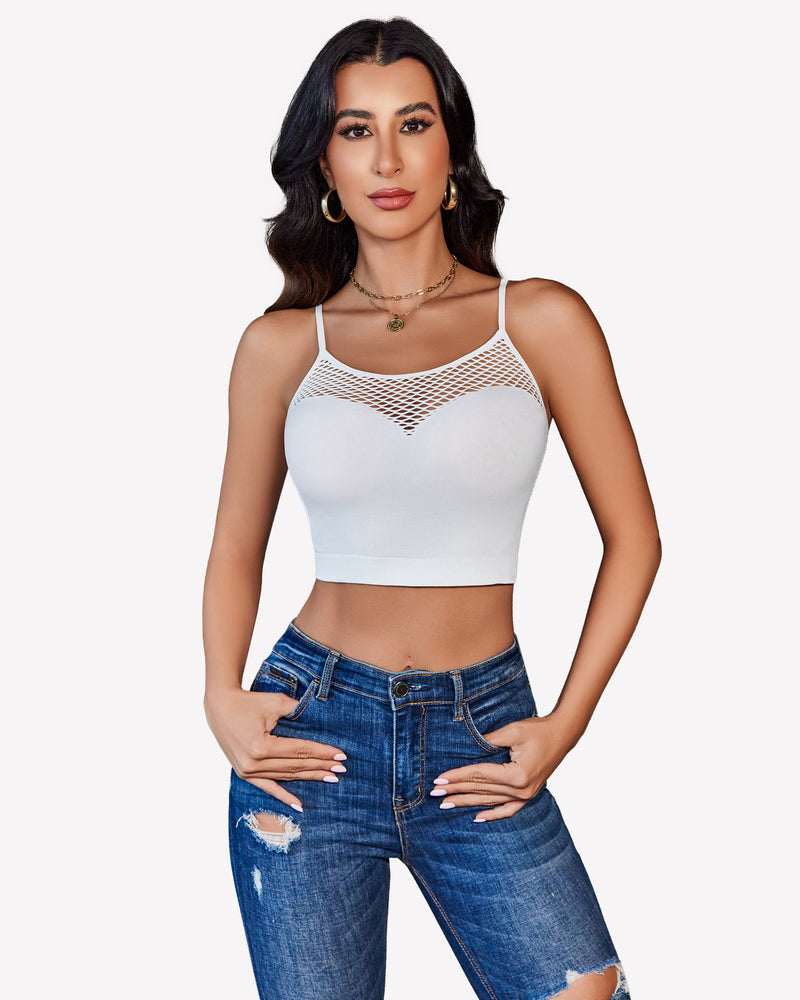 White fishnet crop top bralette with mesh detail, paired with blue jeans, showing attractive curves.