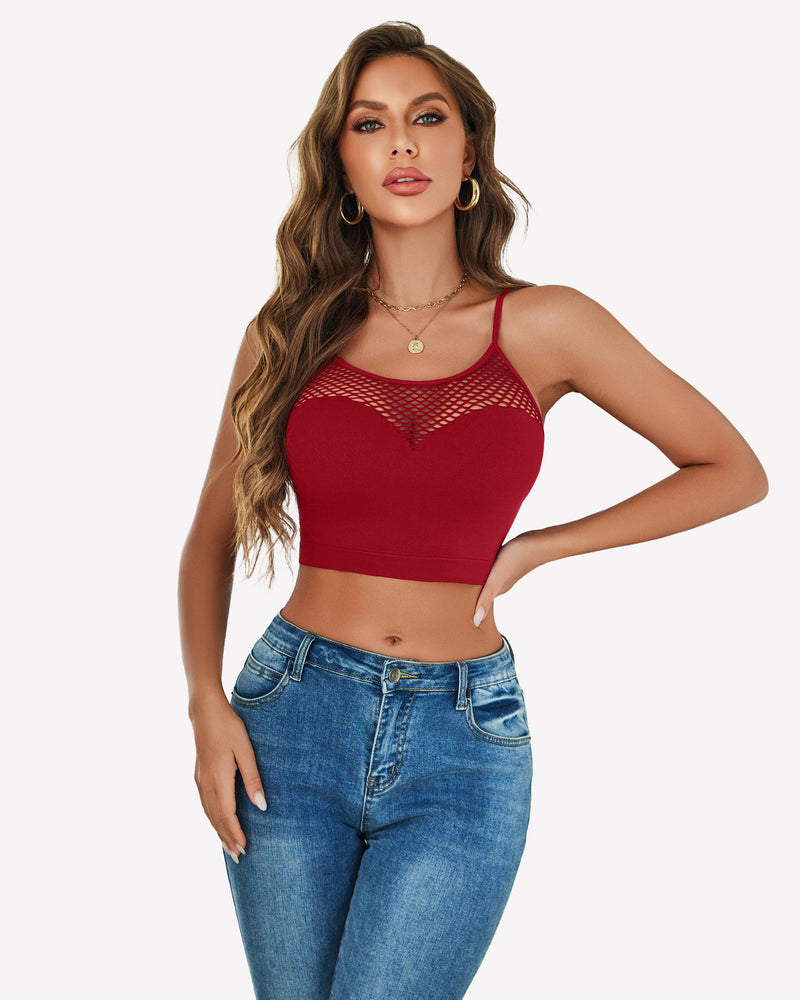 Burgundy fishnet crop top Y2k bralette with mesh detail, paired with blue jeans, showing curves.
