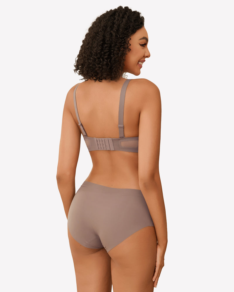 Taupe seamless wireless bra and panties set, soft support, full coverage, comfortable lingerie