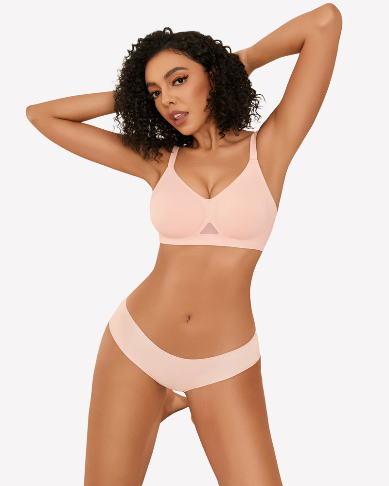 Light pink seamless wireless bra and panties set, soft support, full coverage, comfortable lingerie