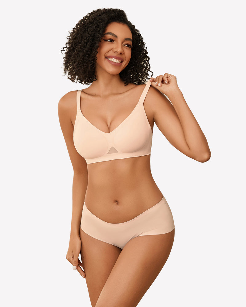 Peach seamless wireless bra set, full coverage, soft support, comfortable lingerie.