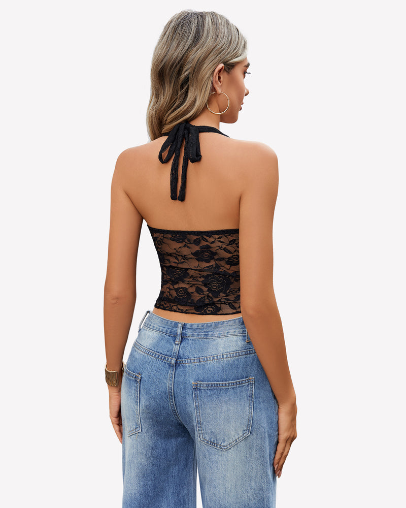 Black lace Y2K halter top with open back design. A fashionable and comfortable choice for women.