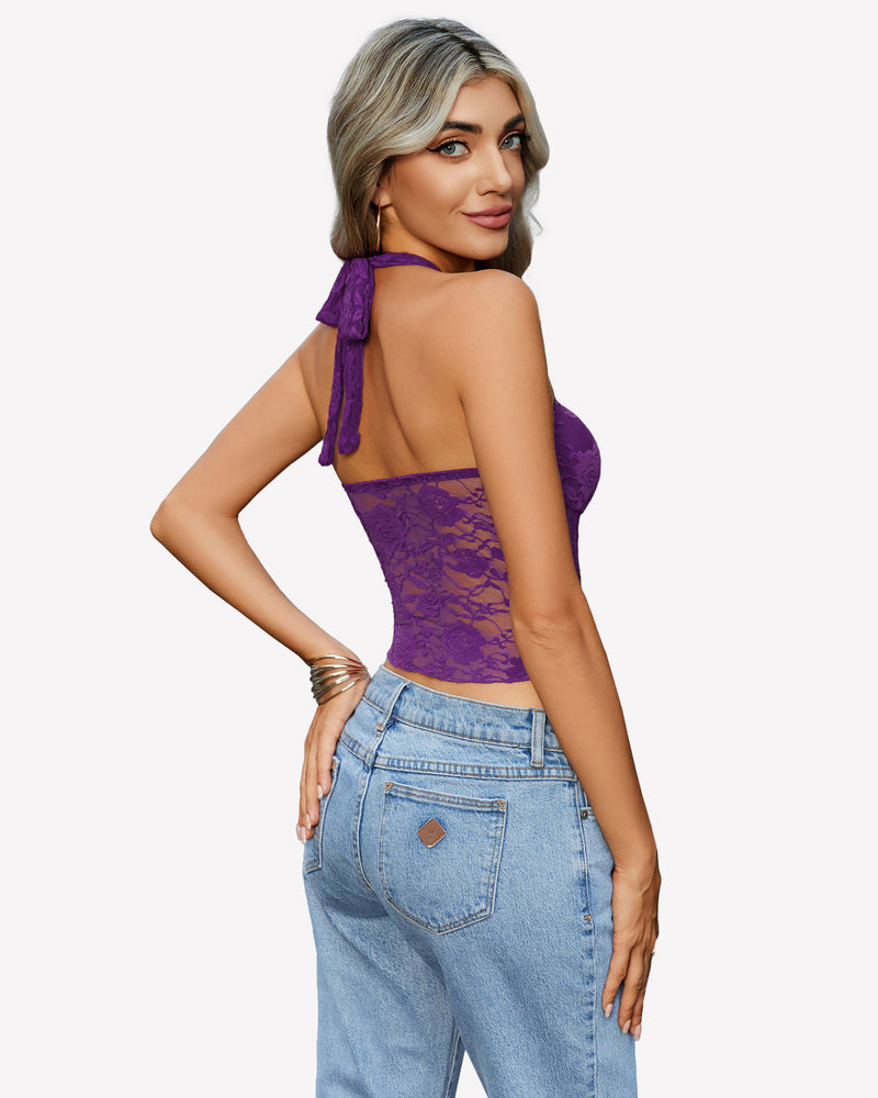 Purple lace Y2K halter top with open back, paired with jeans. Fashionable and comfortable.