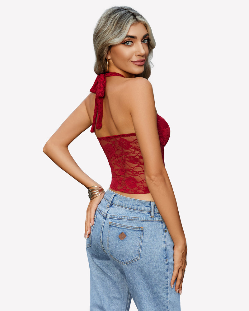 Burgundy lace Y2K halter top with open back, paired with jeans. Fashionable and comfortable.