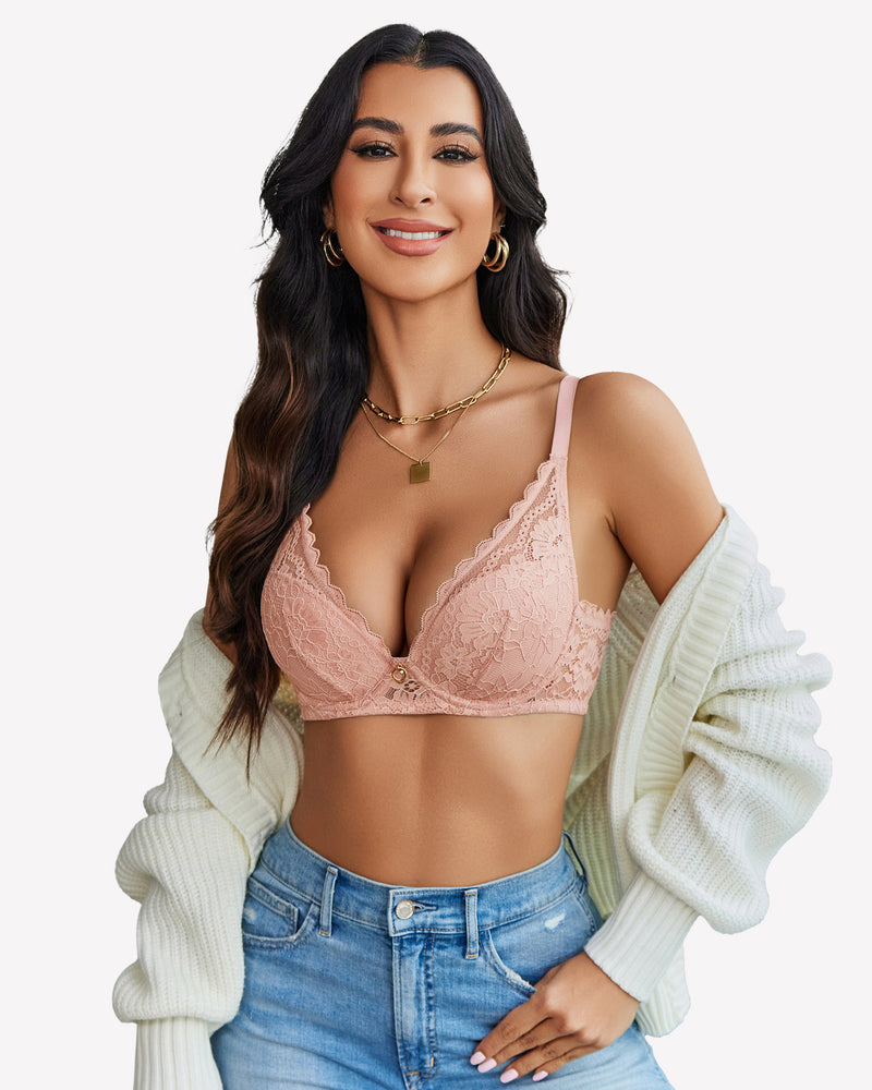 Pink lace push-up bralette with underwire, V-neckline, and adjustable straps