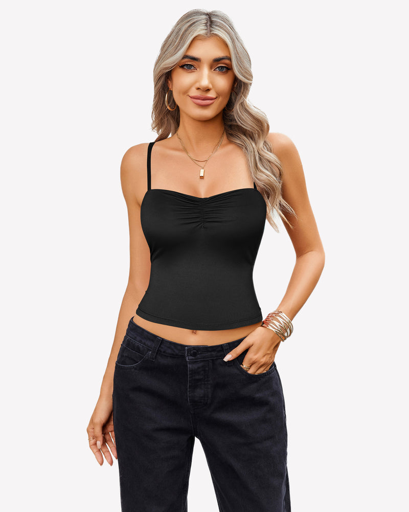 Black camisole crop top with ruched design, paired with black jeans, perfect for cute outfits.