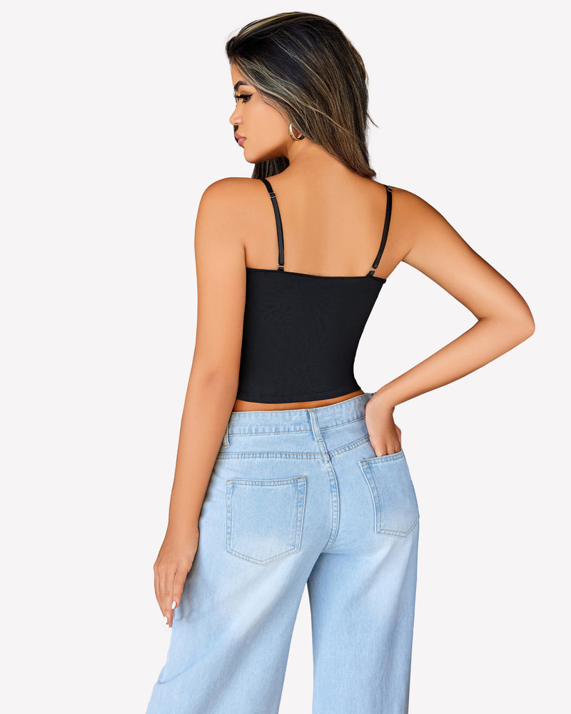 Black ruched camisole crop top with adjustable straps and light blue jeans, a cute outfit.