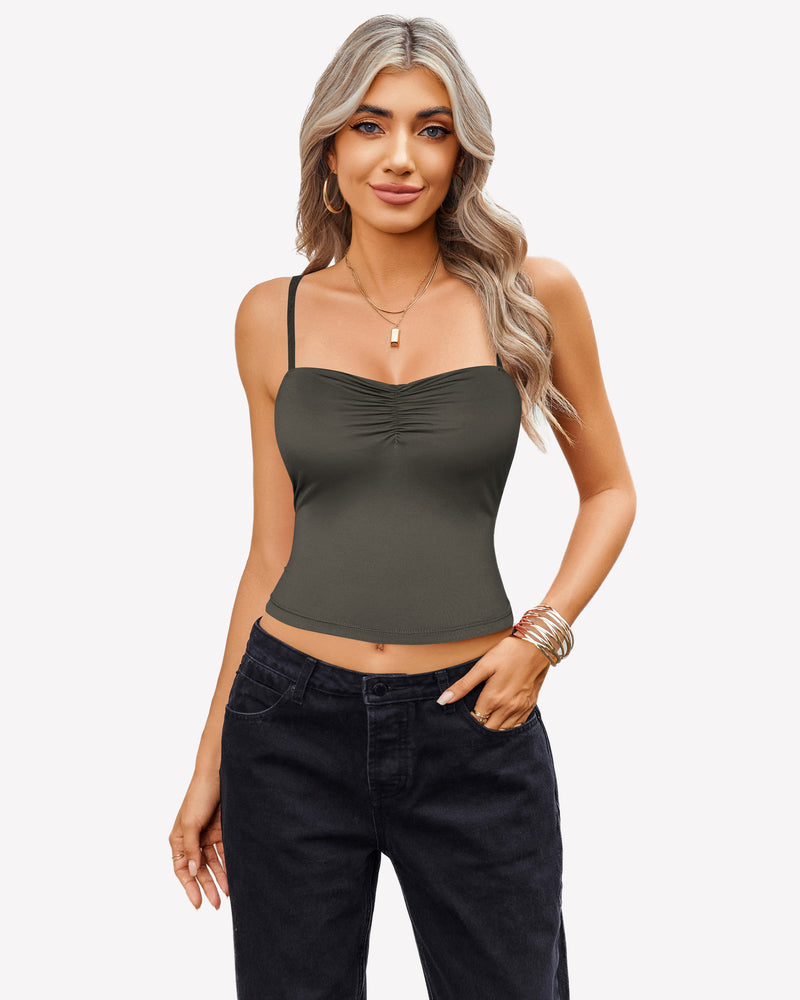 Dark green ruched camisole crop top with black jeans, a cute outfit for women