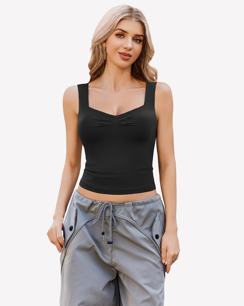 Black crop tank top, sweetheart neckline, ruched detail. Sleeveless slim fit Y2K cute tops.