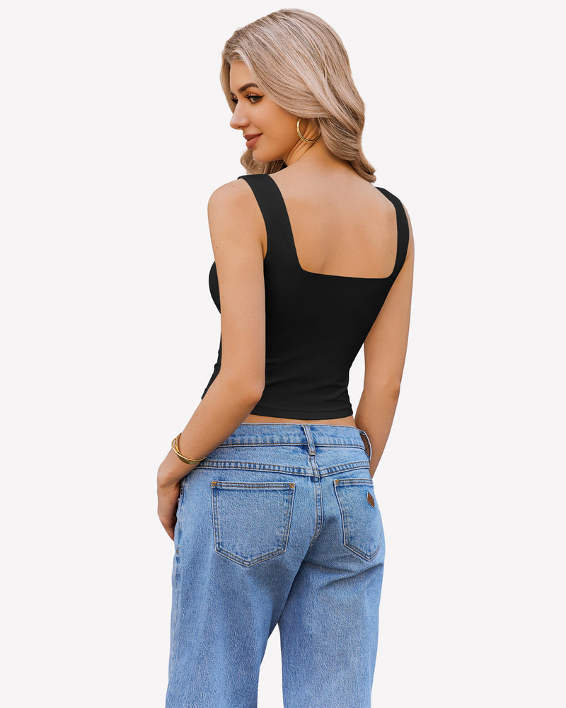 Black crop tank top with square neck, backless design. Sleeveless Y2K style, paired with blue jeans.