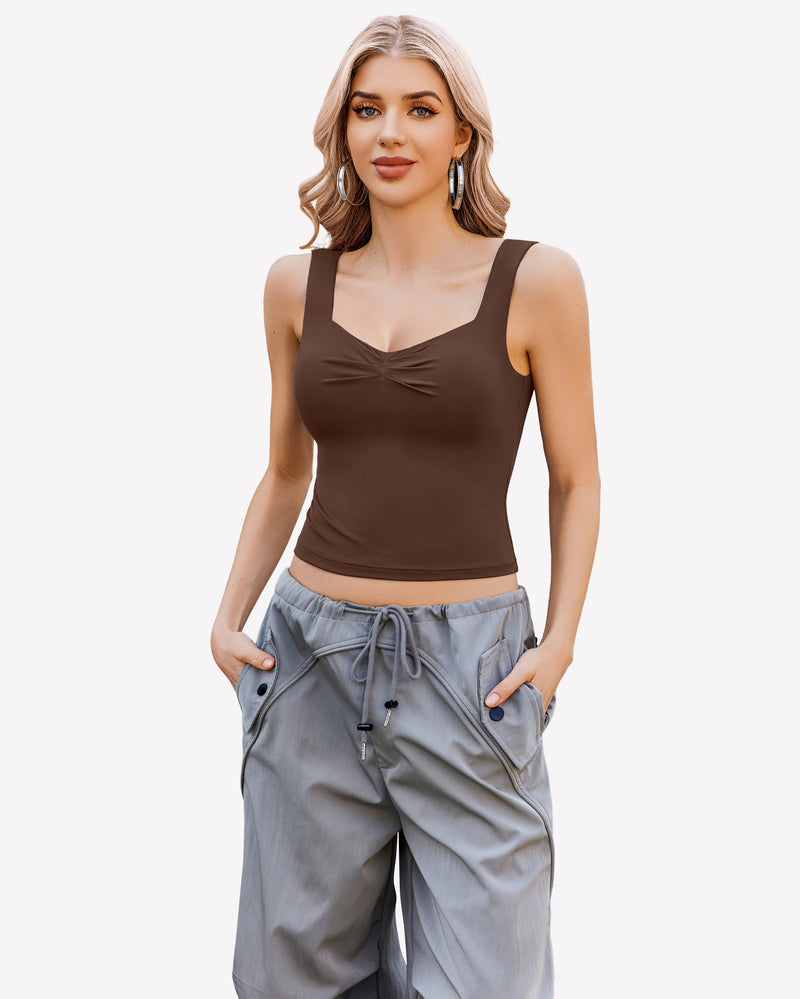 Brown sweetheart neckline crop top, ruched detail, Y2K style. Sleeveless slim fit tank top.