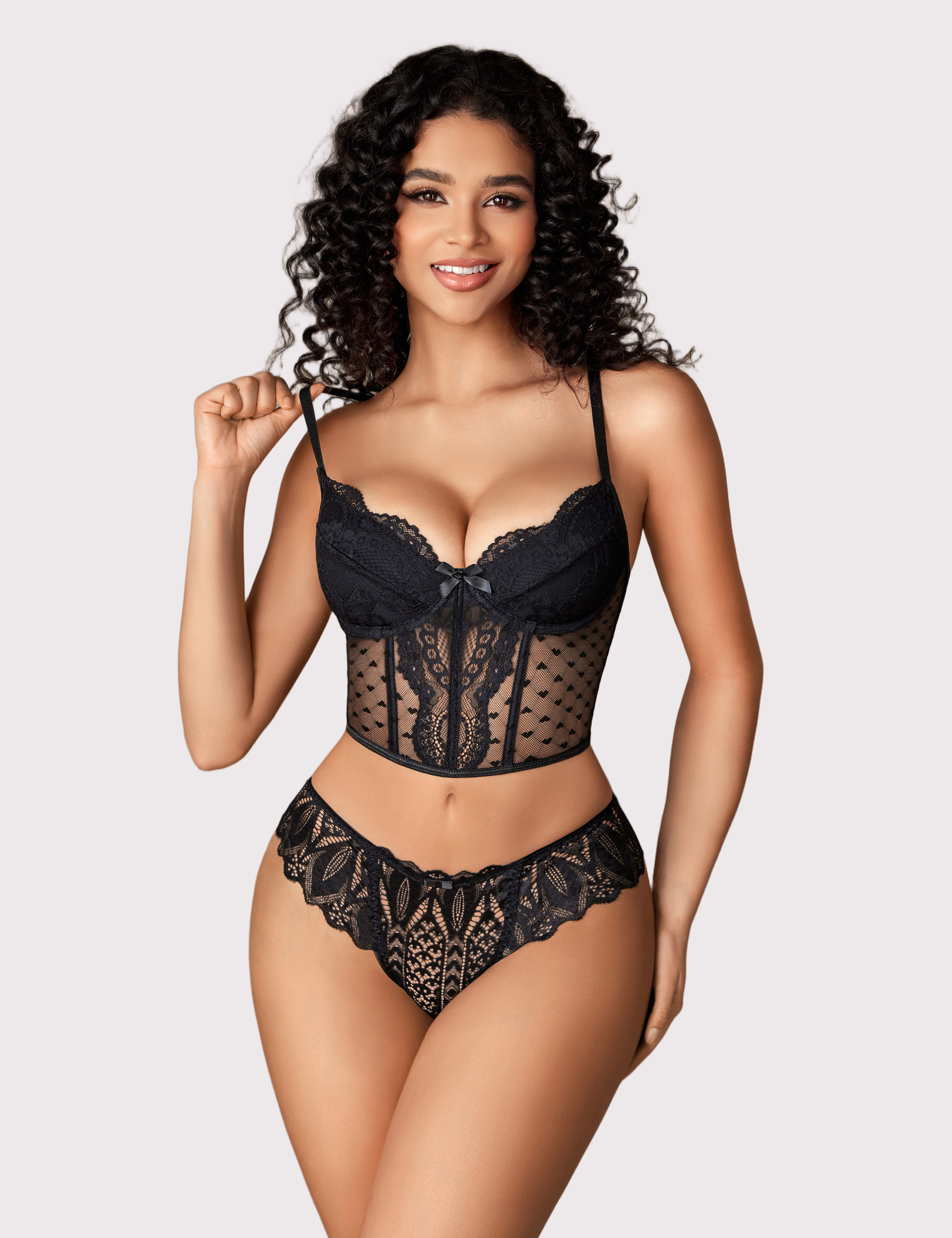Black lace thong and corset lingerie, low waist, cross-back design, sexy Avidlove
