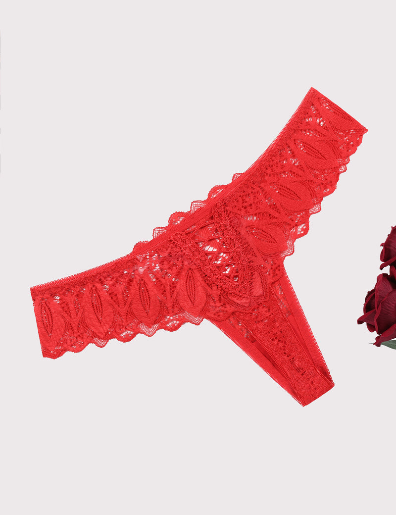 Red lace thong underwear with low waist and cross-back design. Sexy and elegant lingerie.