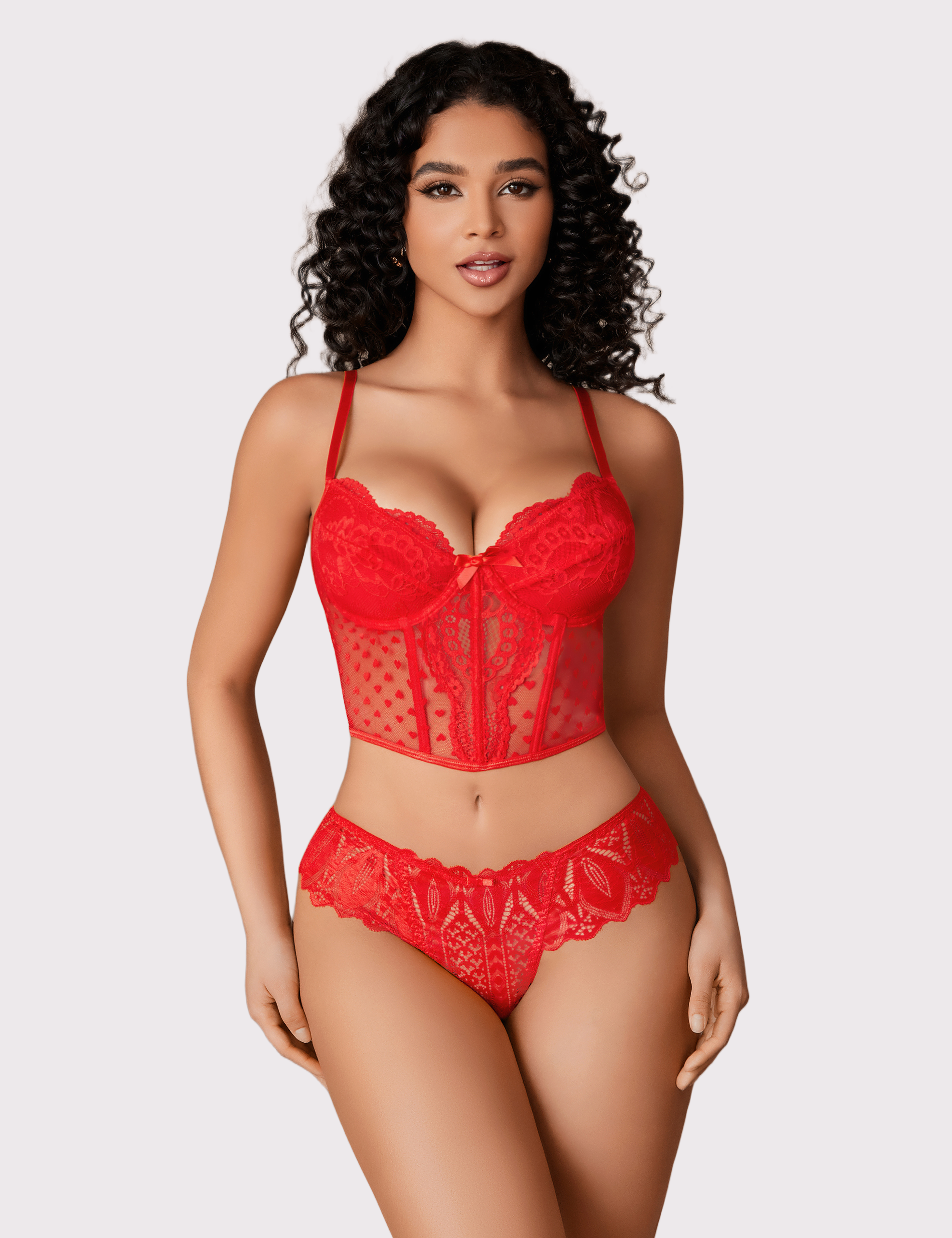 Red lace lingerie set. Low waist, cross-back design. Sexy and elegant Avidlove lingerie.