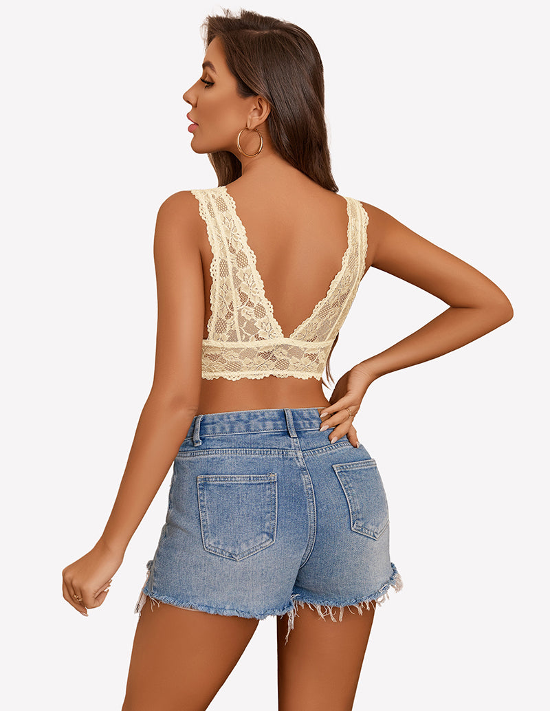 Beige lace bralette with floral design and denim shorts. Sexy, comfortable lingerie for women.