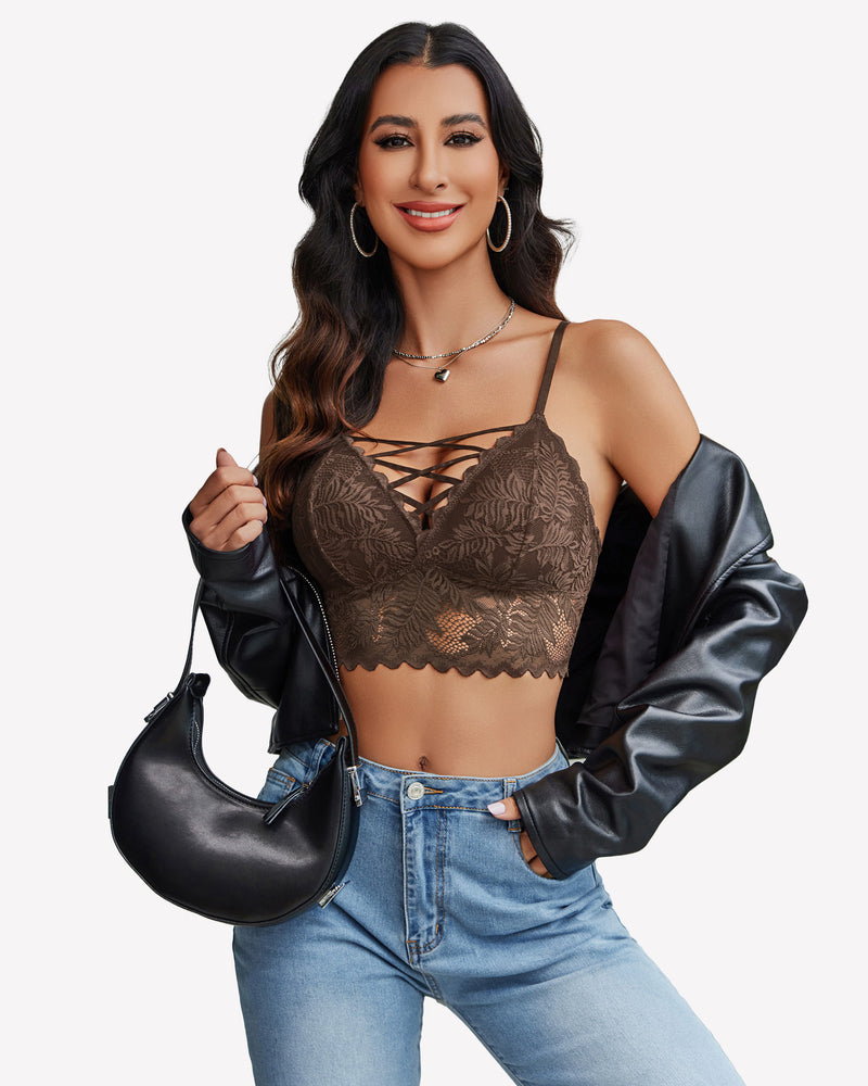 Brown lace Y2K camisole tank top with criss-cross straps and light-wash jeans. Sexy lingerie.