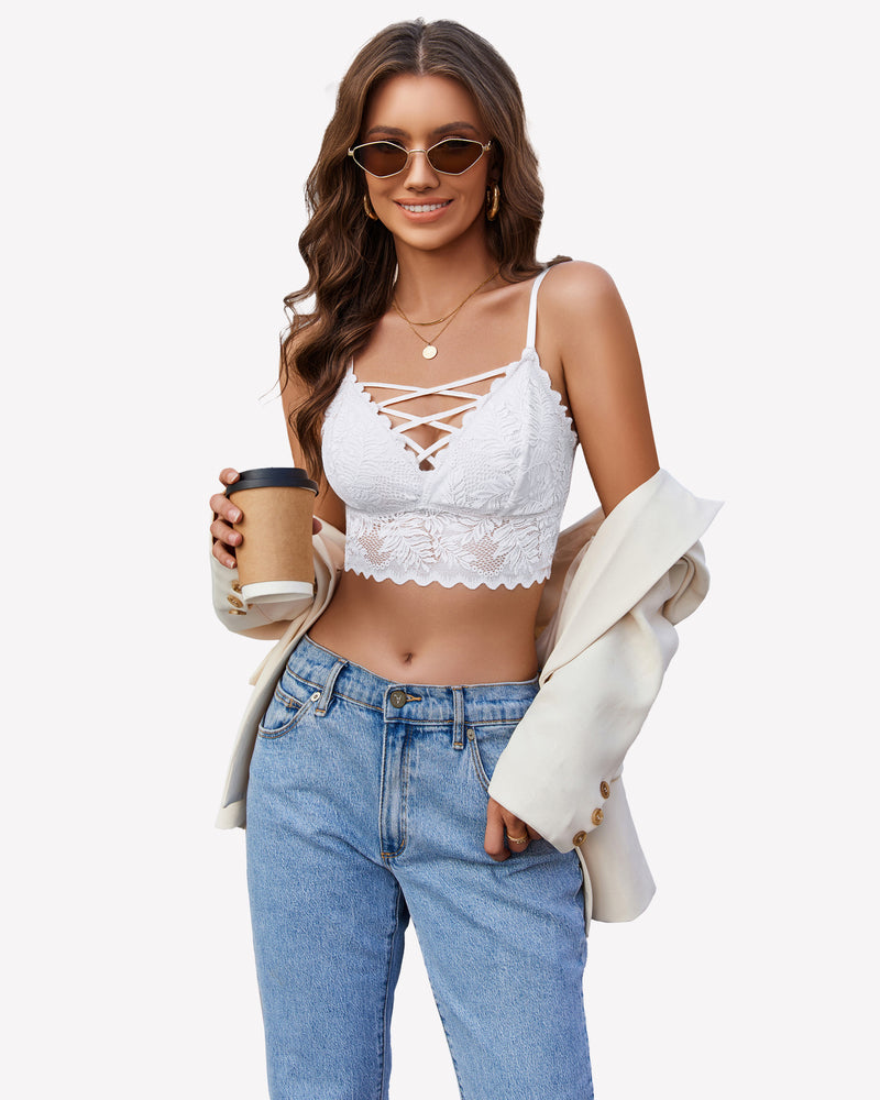 White lace Y2K camisole tank top with criss-cross straps, light-wash jeans. Sexy lingerie.
