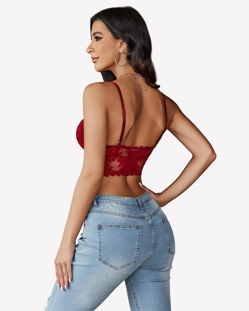 Burgundy lace Y2K camisole tank top with adjustable straps and light-wash jeans. Floral lace detail.