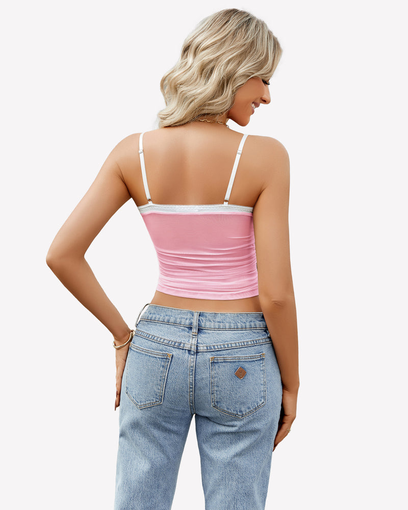 Pink ruched mesh crop top with spaghetti straps and light blue jeans, Y2K style, Avidlove