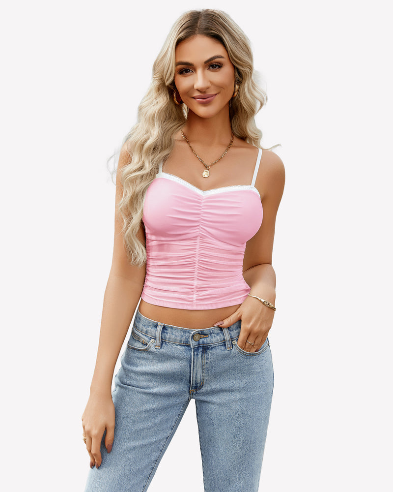 Pink ruched mesh crop top with spaghetti straps, Y2K style, light blue jeans, Avidlove