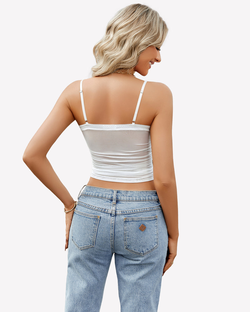 White ruched mesh Y2K tank top, spaghetti straps, paired with light wash jeans.
