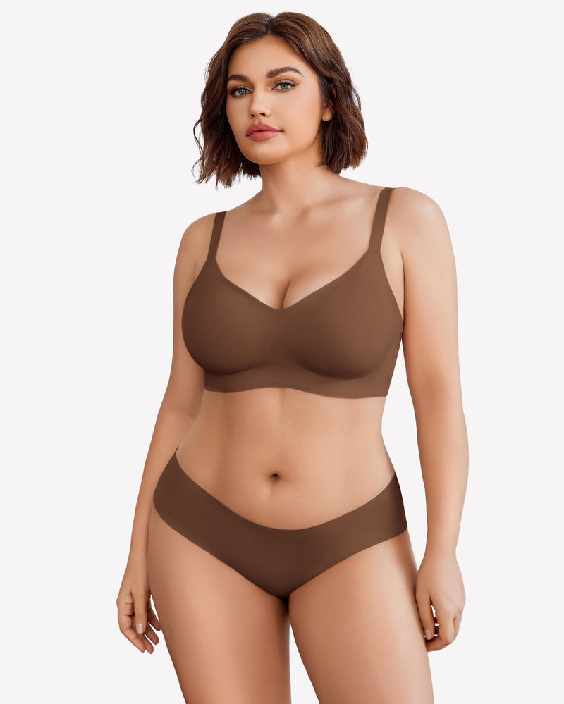 Brown seamless V-neck bra and underwear set, wireless support and comfortable design